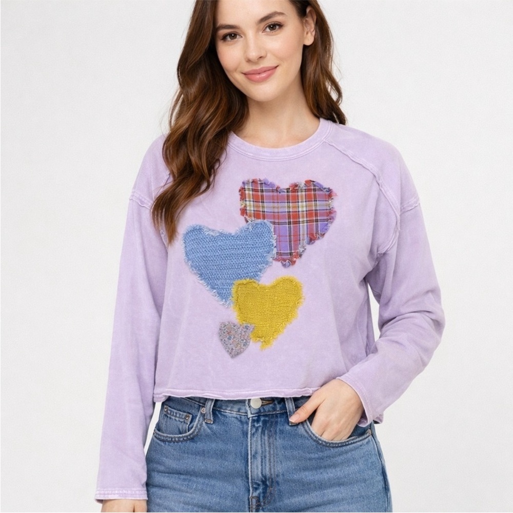 Mittoshop Purple patchwork heart long sleeve crewneck distress top sz M NWT
